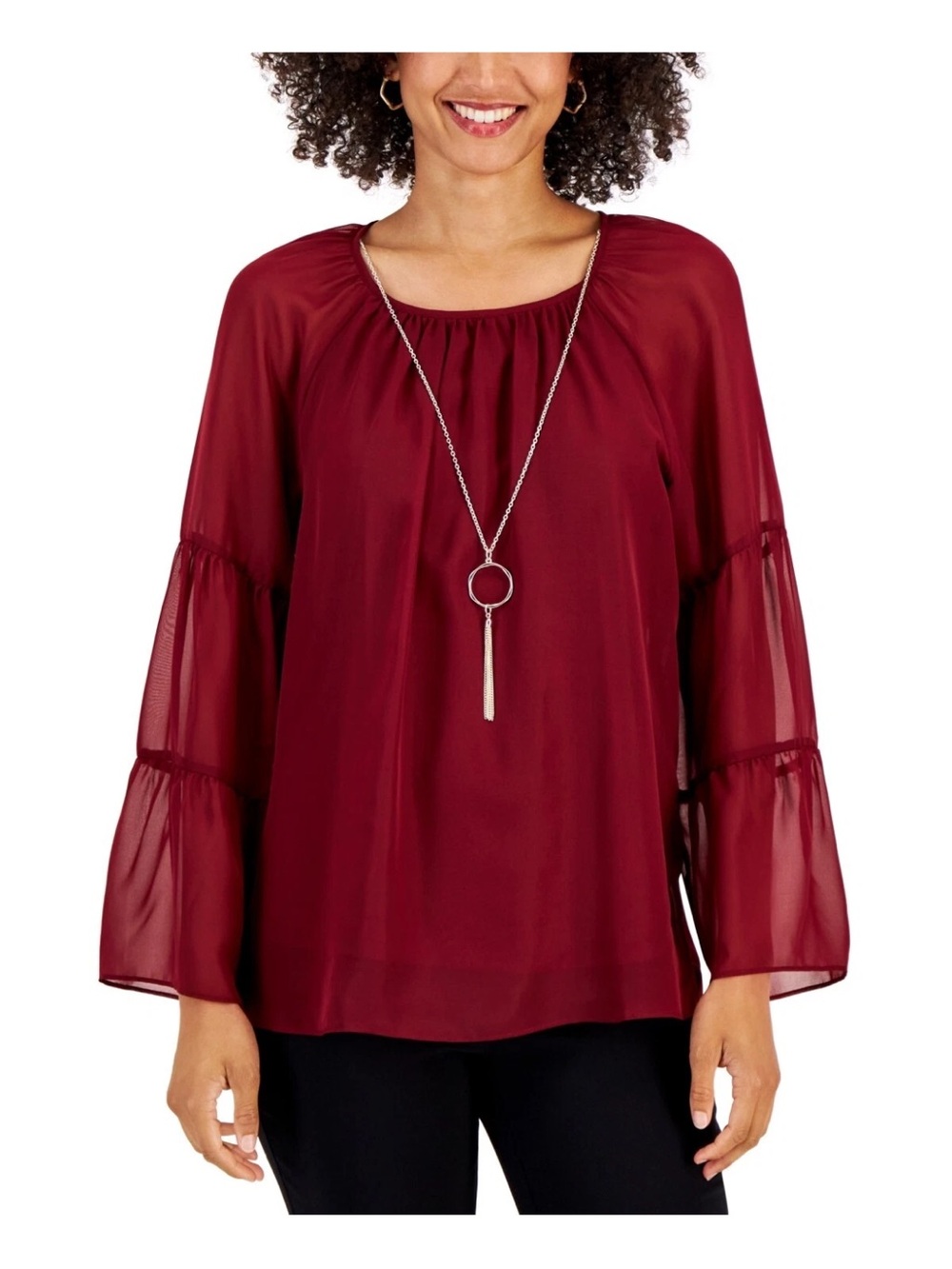 JM Collection Petite Smocked-Sleeve Necklace Top – Dark Rust – Size PS/Small